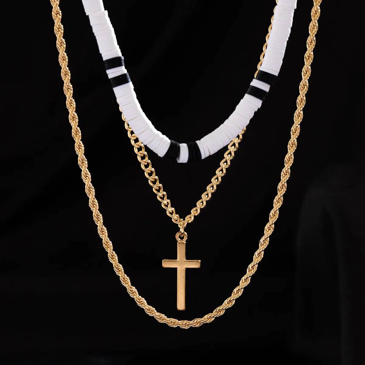 Simple Style Classic Style Cross Alloy Soft Clay Beaded Plating Men'S Layered Necklaces