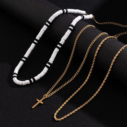 Simple Style Classic Style Cross Alloy Soft Clay Beaded Plating Men'S Layered Necklaces