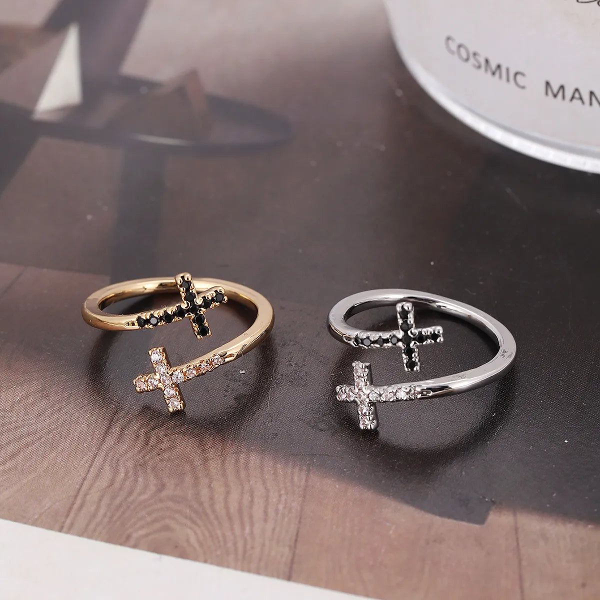 Simple Style Classic Style Cross Copper Zircon Open Rings In Bulk