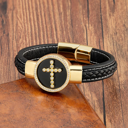 Simple Style Classic Style Cross Round Leather Rope Stone Metal Handmade Men's Bracelets