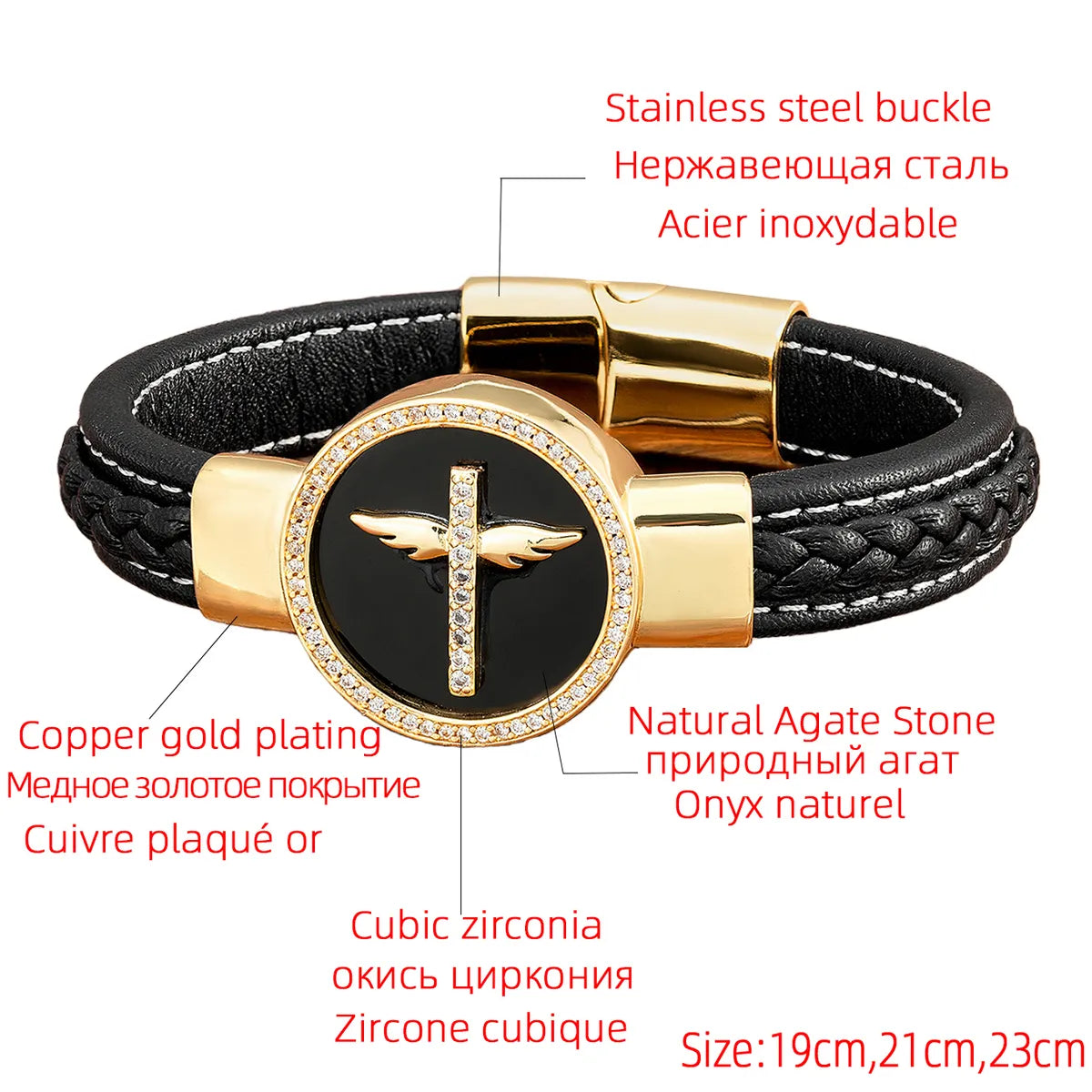 Simple Style Classic Style Cross Round Leather Rope Stone Metal Handmade Men's Bracelets