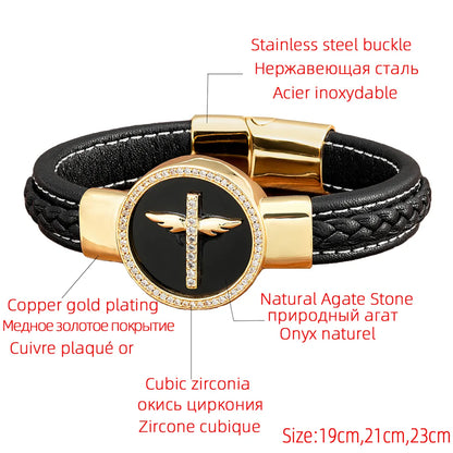 Simple Style Classic Style Cross Round Leather Rope Stone Metal Handmade Men's Bracelets