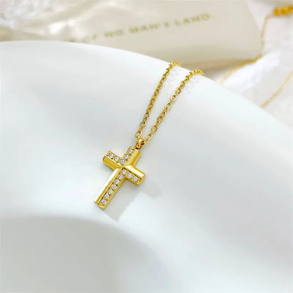 Simple Style Classic Style Cross 304 Stainless Steel Plating Inlay Zircon White Gold Plated Gold Plated Women'S Pendant Necklace