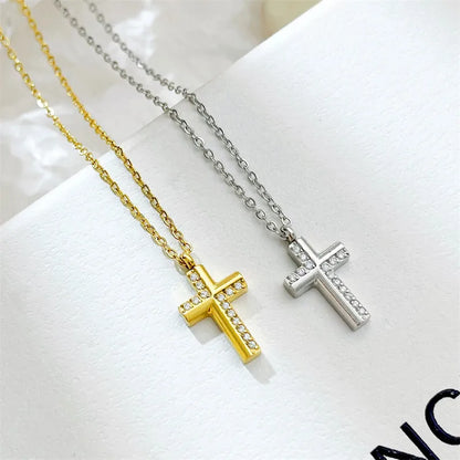 Simple Style Classic Style Cross 304 Stainless Steel Plating Inlay Zircon White Gold Plated Gold Plated Women'S Pendant Necklace