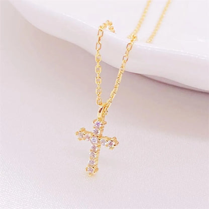 Simple Style Classic Style Cross Sterling Silver Inlay Zircon Pendant Necklace