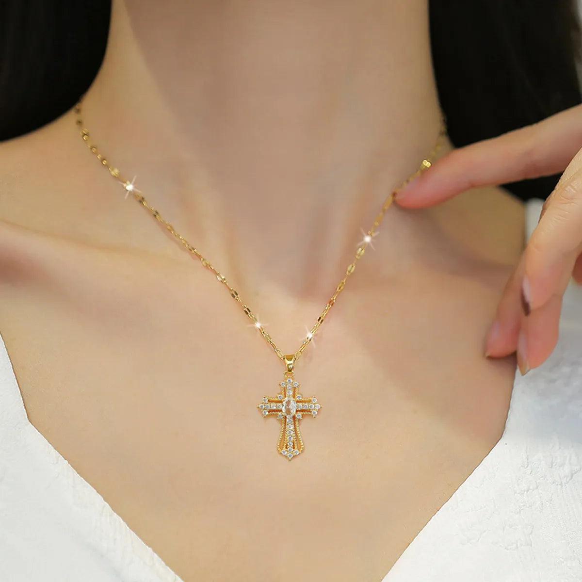 Simple Style Classic Style Cross Titanium Steel Copper Plating Inlay Artificial Gemstones Pendant Necklace