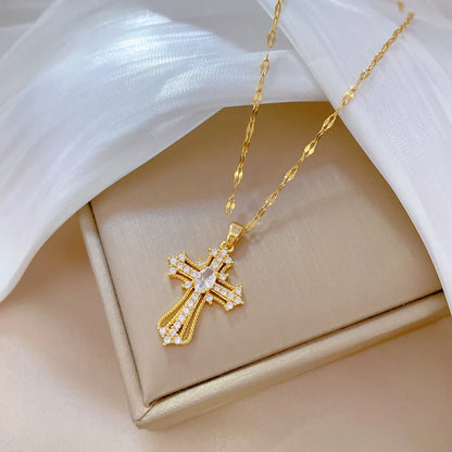 Simple Style Classic Style Cross Titanium Steel Copper Plating Inlay Artificial Gemstones Pendant Necklace