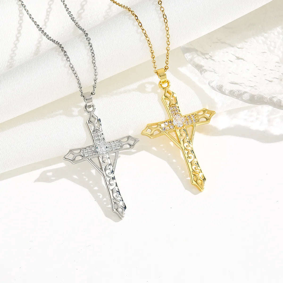 Simple Style Classic Style Cross Titanium Steel Plating Inlay Zircon Gold Plated Silver Plated Pendant Necklace