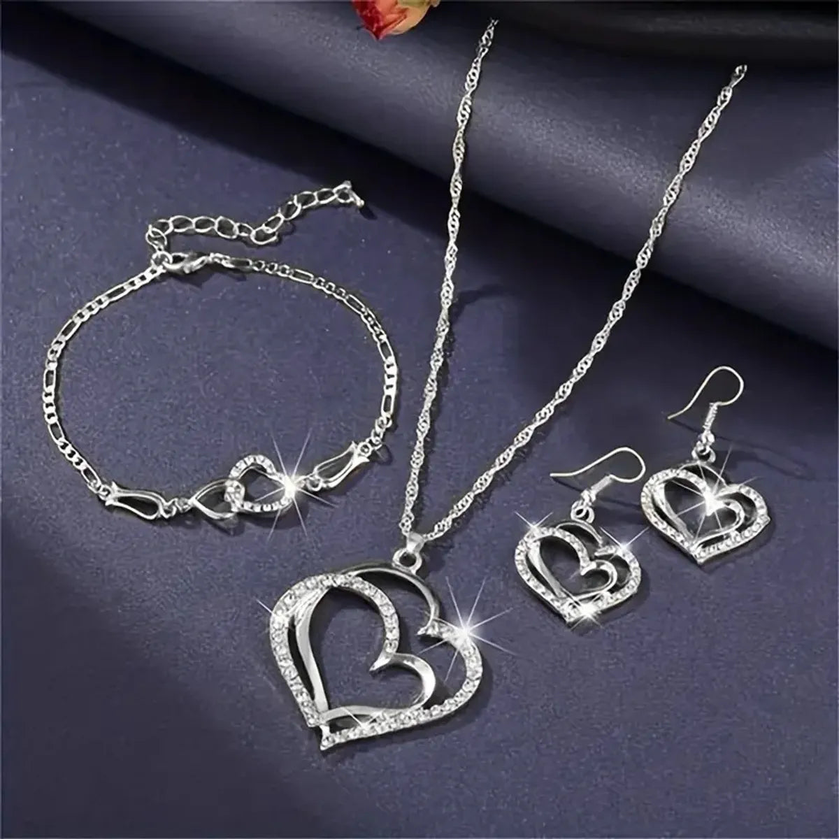 Simple Style Classic Style Double Heart Heart Shape Alloy Inlay Rhinestones Gold Plated Silver Plated Women'S Bracelets Earrings Necklace