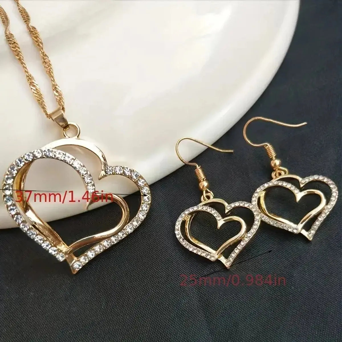 Simple Style Classic Style Double Heart Heart Shape Alloy Inlay Rhinestones Gold Plated Silver Plated Women'S Bracelets Earrings Necklace