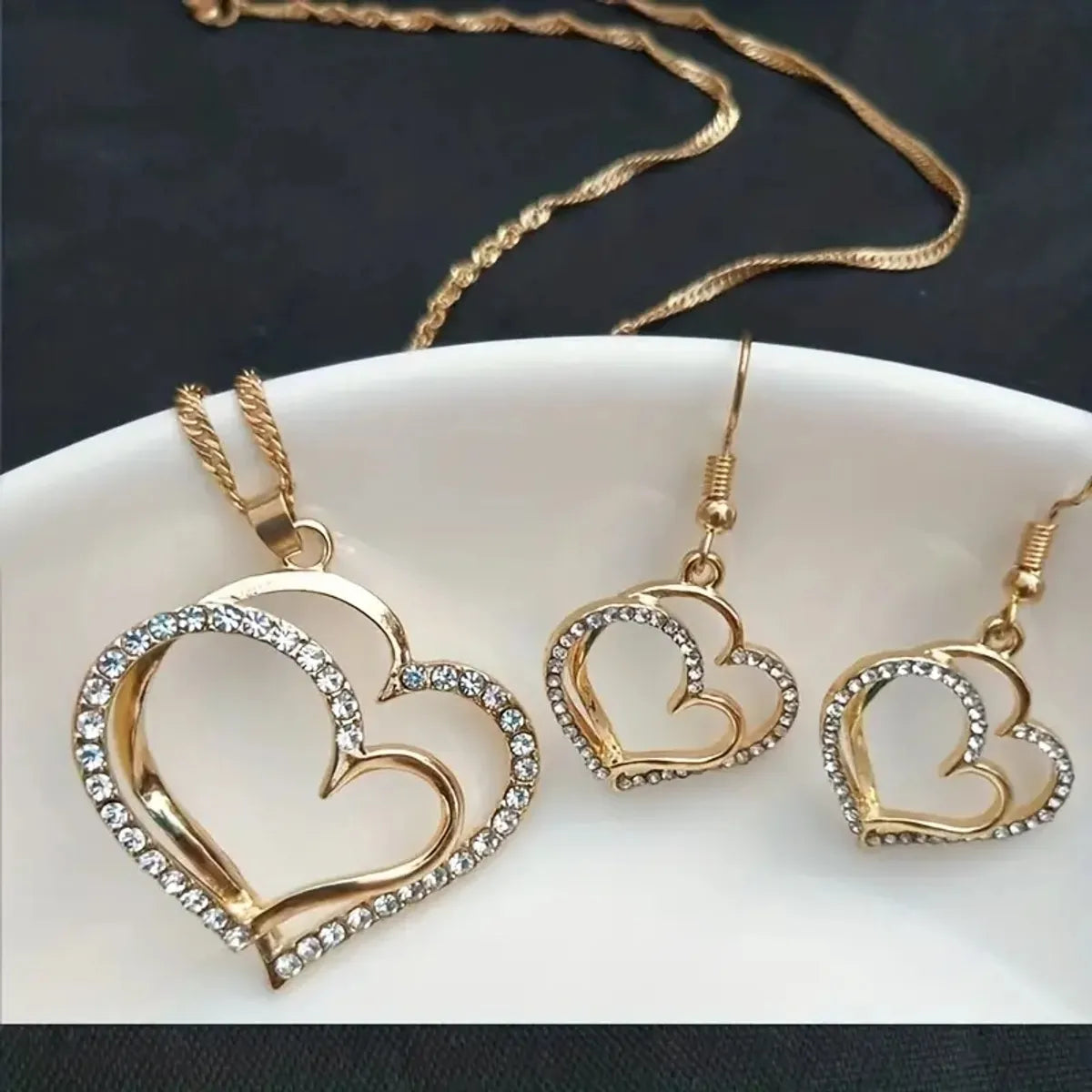 Simple Style Classic Style Double Heart Heart Shape Alloy Inlay Rhinestones Gold Plated Silver Plated Women'S Bracelets Earrings Necklace