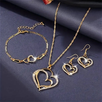 Simple Style Classic Style Double Heart Heart Shape Alloy Inlay Rhinestones Gold Plated Silver Plated Women'S Bracelets Earrings Necklace