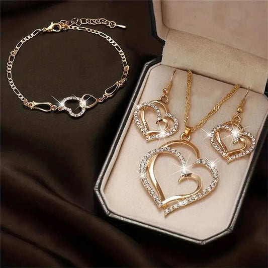 Simple Style Classic Style Double Heart Heart Shape Alloy Inlay Rhinestones Gold Plated Silver Plated Women'S Bracelets Earrings Necklace