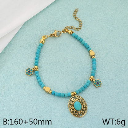 Simple Style Classic Style Geometric Flower Dragonfly 304 Stainless Steel Artificial Crystal Seed Bead Beaded Inlay Turquoise 18K Gold Plated Women'S Bracelets Earrings Necklace