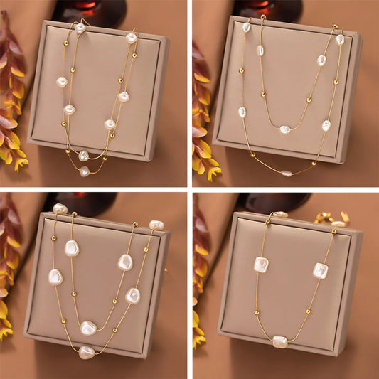 Simple Style Classic Style Geometric Imitation Pearl Titanium Steel Plating Layered Necklaces