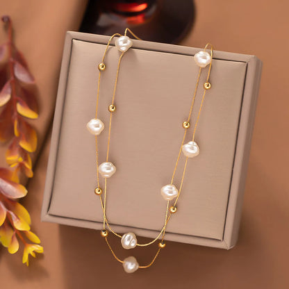 Simple Style Classic Style Geometric Imitation Pearl Titanium Steel Plating Layered Necklaces