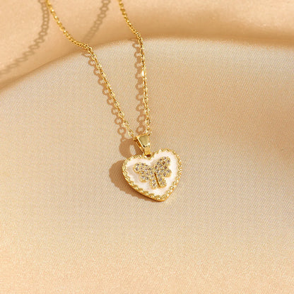 Simple Style Classic Style Geometric Oval Heart Shape Titanium Steel Plating Inlay Rhinestones Shell Zircon Gold Plated Pendant Necklace