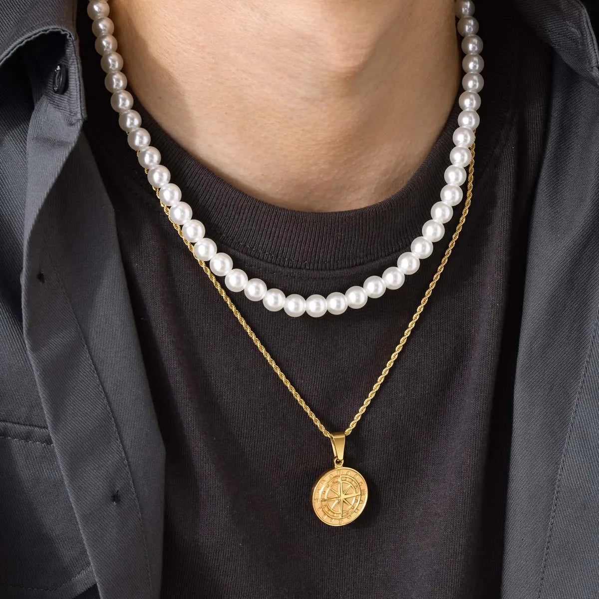 Simple Style Classic Style Geometric Stainless Steel Imitation Pearl Layered Plating 18k Gold Plated Men's Layered Necklaces