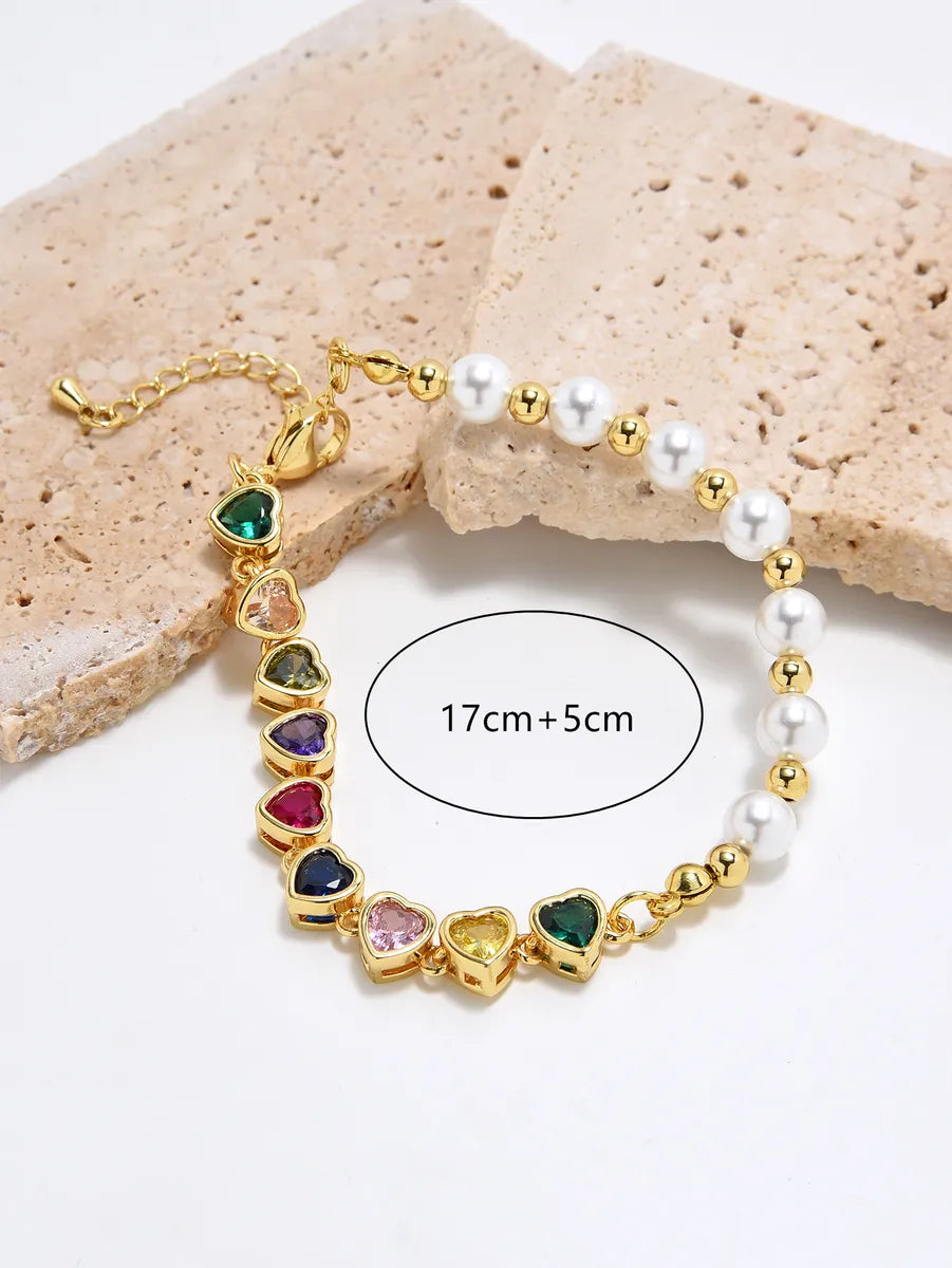 Simple Style Classic Style Heart Shape Imitation Pearl Copper Plating Inlay Zircon Gold Plated Bracelets