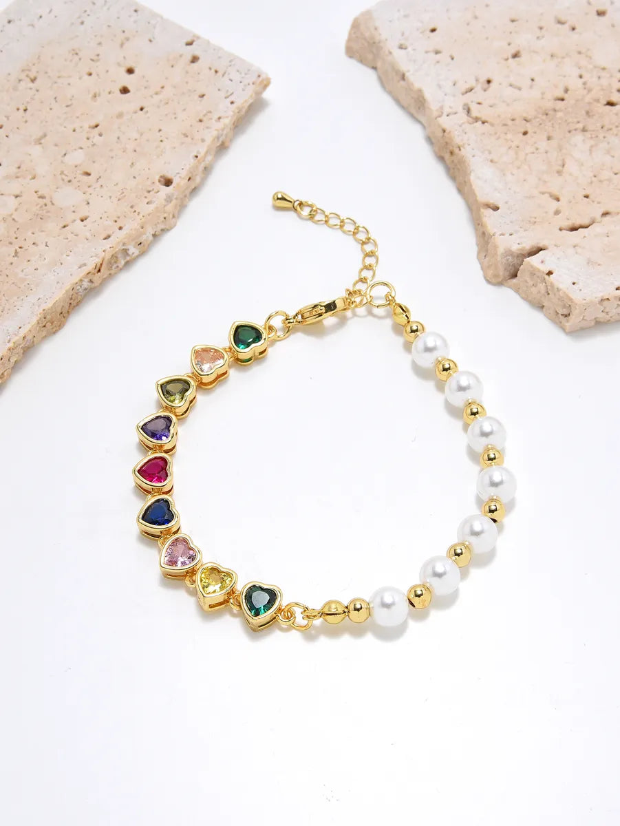 Simple Style Classic Style Heart Shape Imitation Pearl Copper Plating Inlay Zircon Gold Plated Bracelets