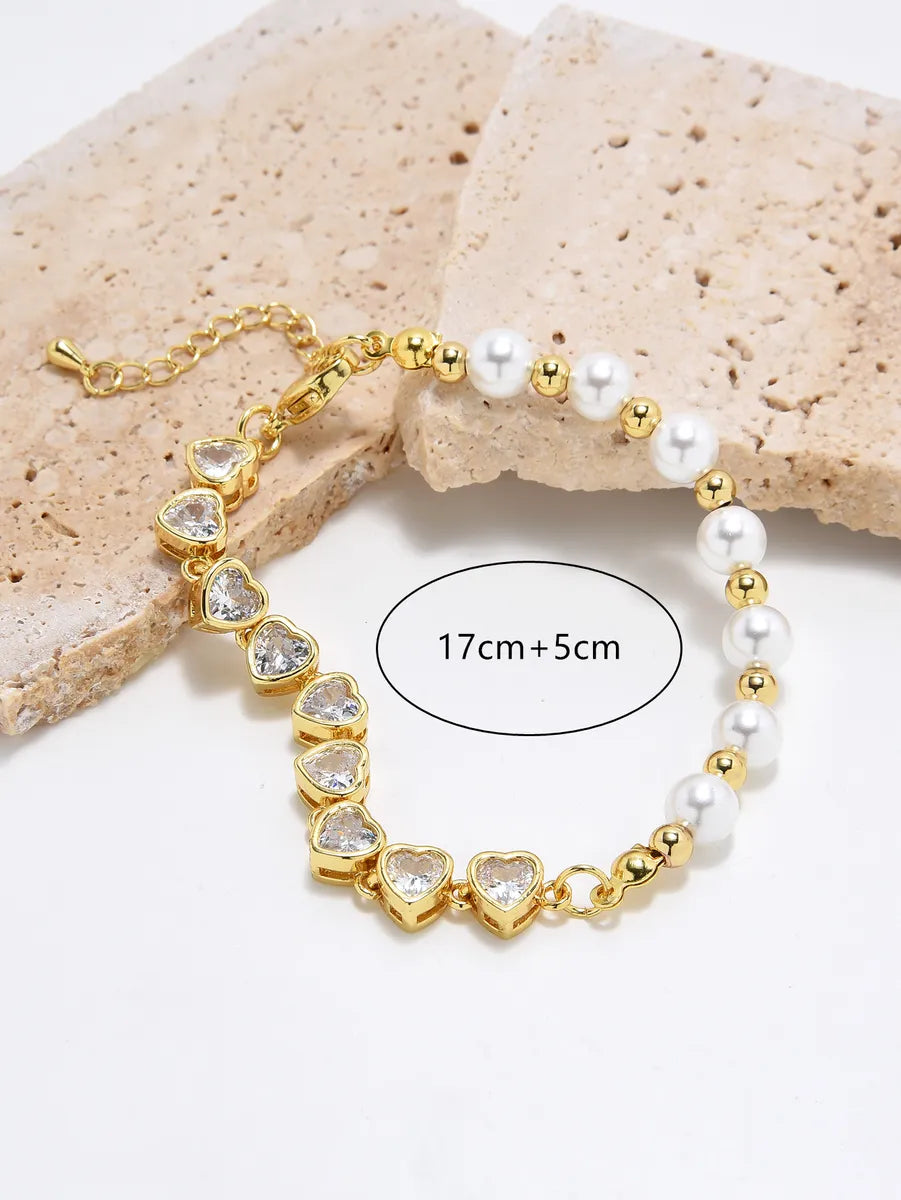 Simple Style Classic Style Heart Shape Imitation Pearl Copper Plating Inlay Zircon Gold Plated Bracelets