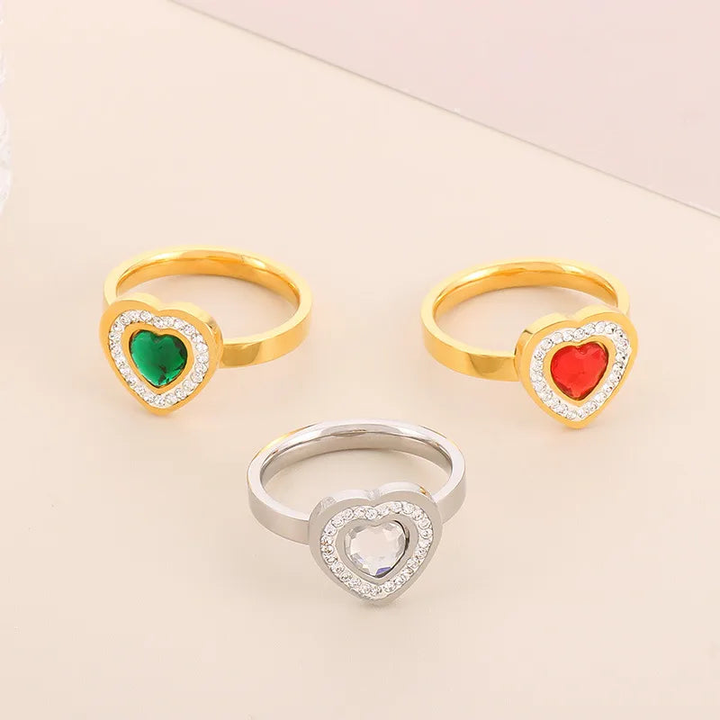 Wholesale Jewelry Simple Style Classic Style Heart Shape Titanium Steel Rhinestones 18K Gold Plated Inlay Rings