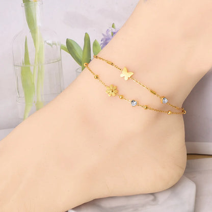 Simple Style Classic Style Heart Shape Titanium Steel Inlay Zircon Women's Anklet