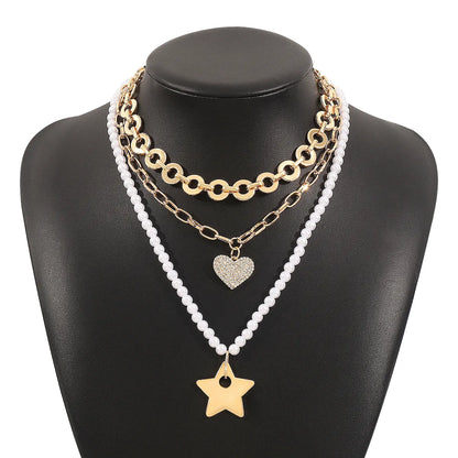 Simple Style Classic Style Pentagram Star Heart Shape Imitation Pearl Alloy Glass Wholesale Layered Necklaces