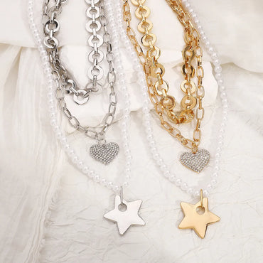 Simple Style Classic Style Pentagram Star Heart Shape Imitation Pearl Alloy Glass Wholesale Layered Necklaces