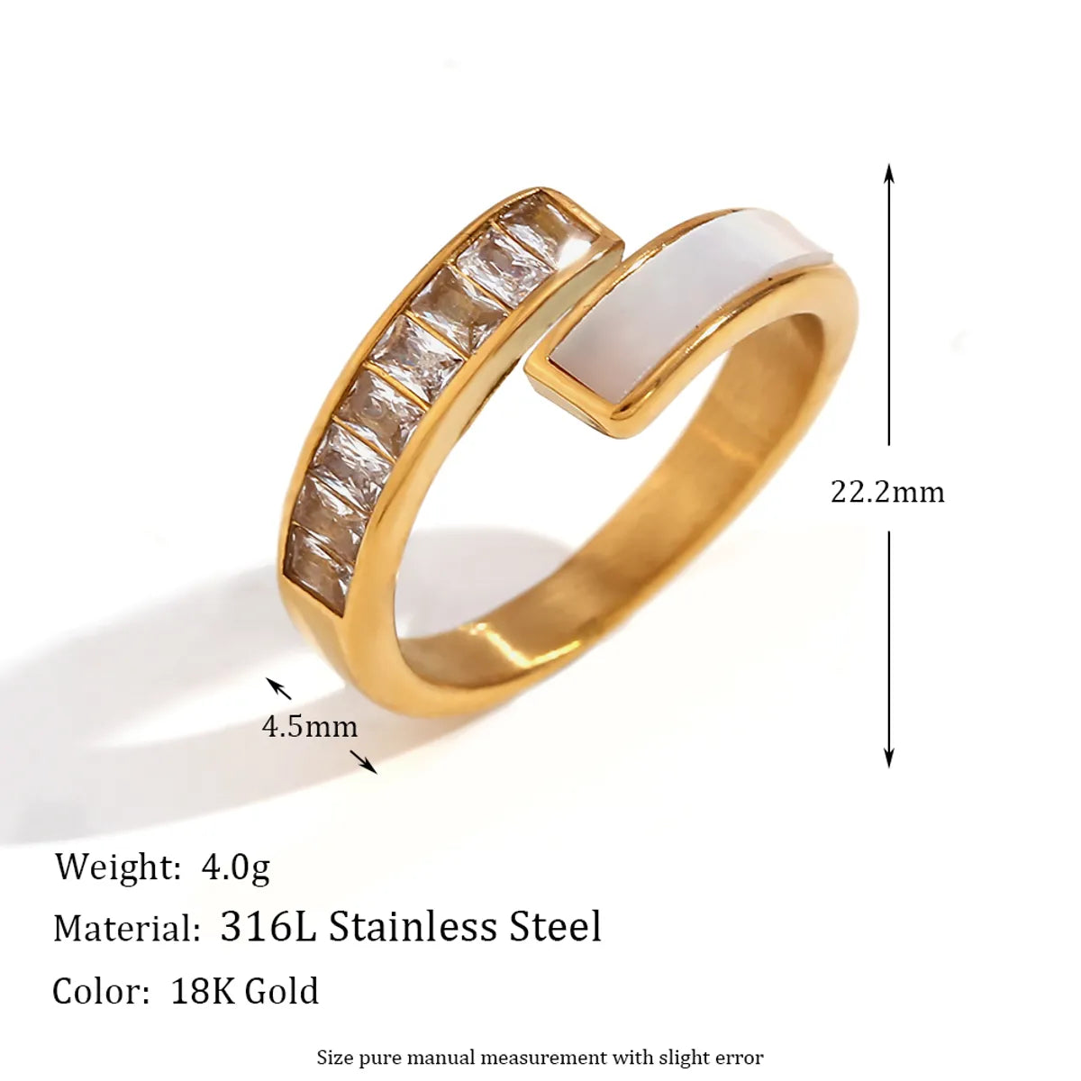 Wholesale Jewelry Simple Style Classic Style Rectangle 304 Stainless Steel Shell Zircon 18K Gold Plated Plating Inlay Open Rings