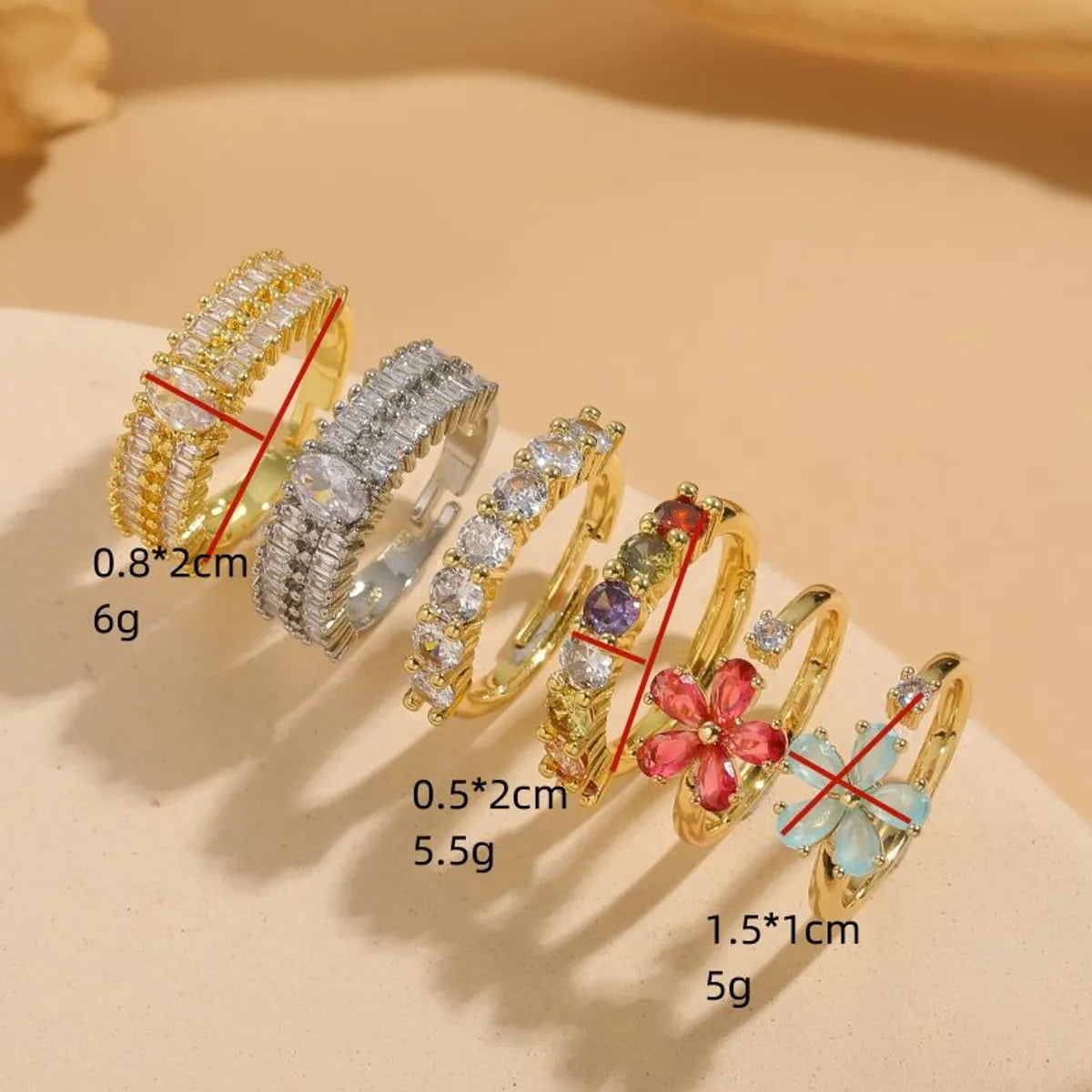 Simple Style Classic Style Round Flower Copper Asymmetrical Plating Inlay Zircon 14k Gold Plated Open Rings