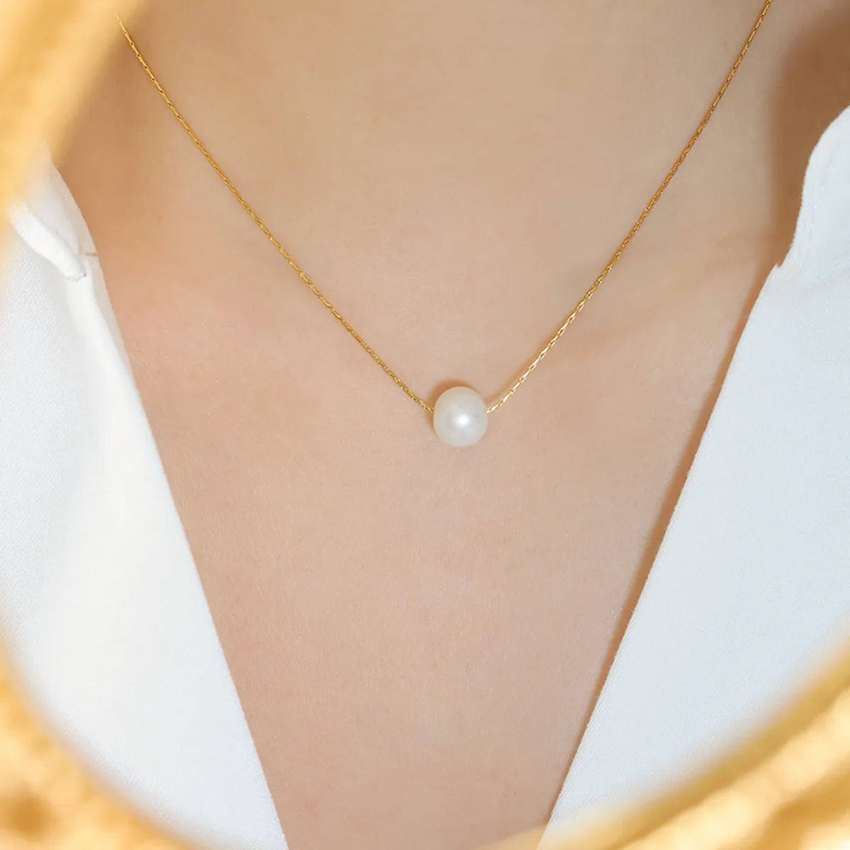 Simple Style Classic Style Round Freshwater Pearl Titanium Steel 18k Gold Plated Pendant Necklace