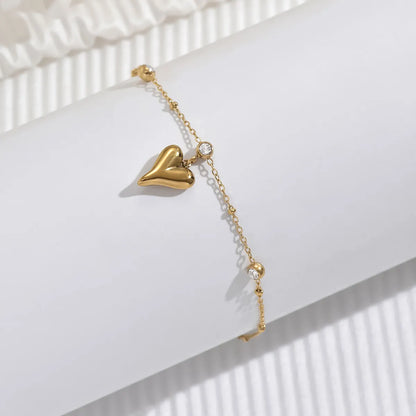 Simple Style Classic Style Round Heart Shape Stainless Steel Beaded Plating Inlay Zircon 14k Gold Plated Bracelets Anklet