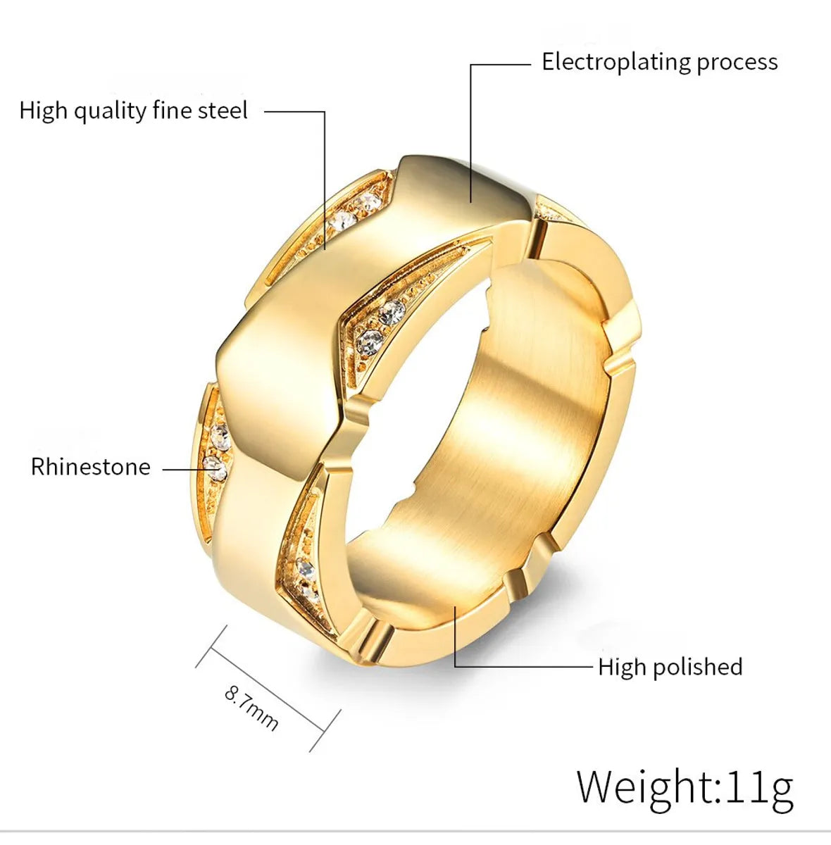 Simple Style Classic Style Solid Color 304 Stainless Steel Plating Inlay Rhinestones 18K Gold Plated Women'S Rings