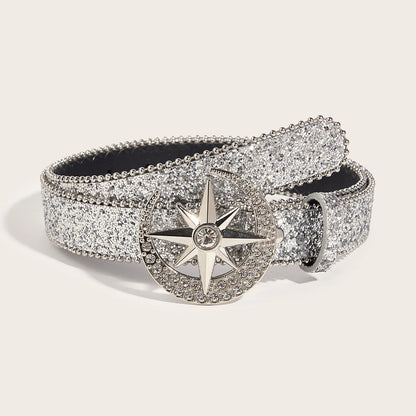 Simple Style Classic Style Solid Color Pu Leather Alloy Inlay Rhinestones Women'S Leather Belts