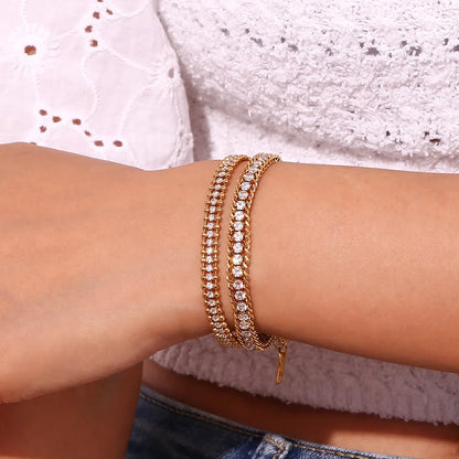 Simple Style Classic Style Solid Color Stainless Steel Plating Inlay Rhinestones 18k Gold Plated Bracelets