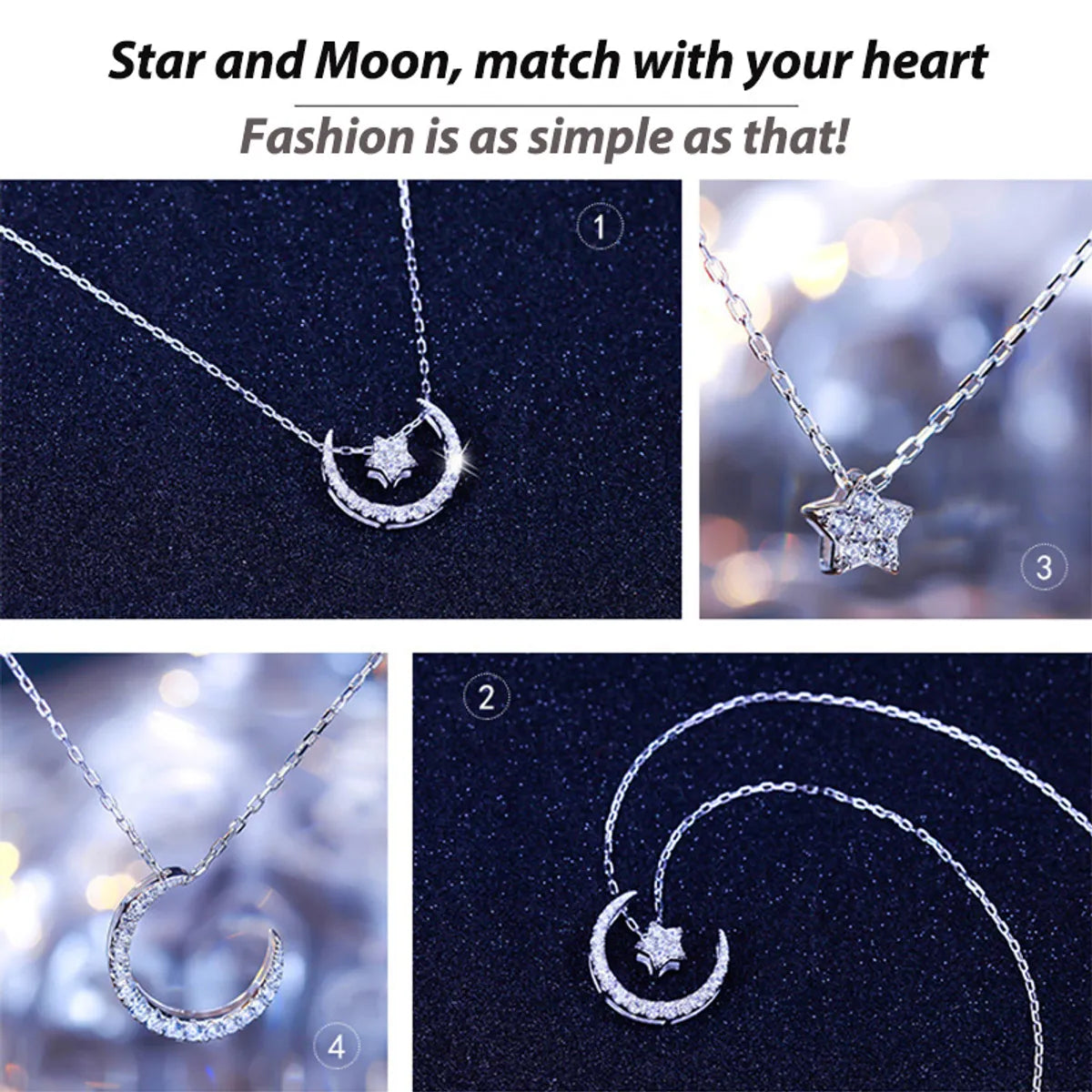 Simple Style Classic Style Star Moon Sterling Silver Polishing Plating Inlay Zircon White Gold Plated Pendant Necklace