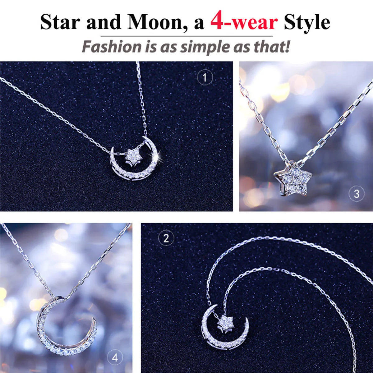 Simple Style Classic Style Star Moon Sterling Silver Polishing Plating Inlay Zircon White Gold Plated Pendant Necklace