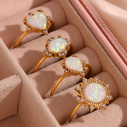 Simple Style Classic Style Sun Water Droplets Heart Shape Stainless Steel Plating Inlay Opal 18k Gold Plated Open Rings