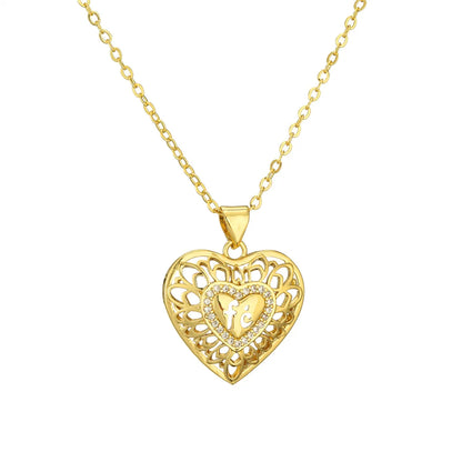 Simple Style Classic Style Water Droplets Heart Shape Copper Hollow Out Inlay Zircon Gold Plated Pendant Necklace