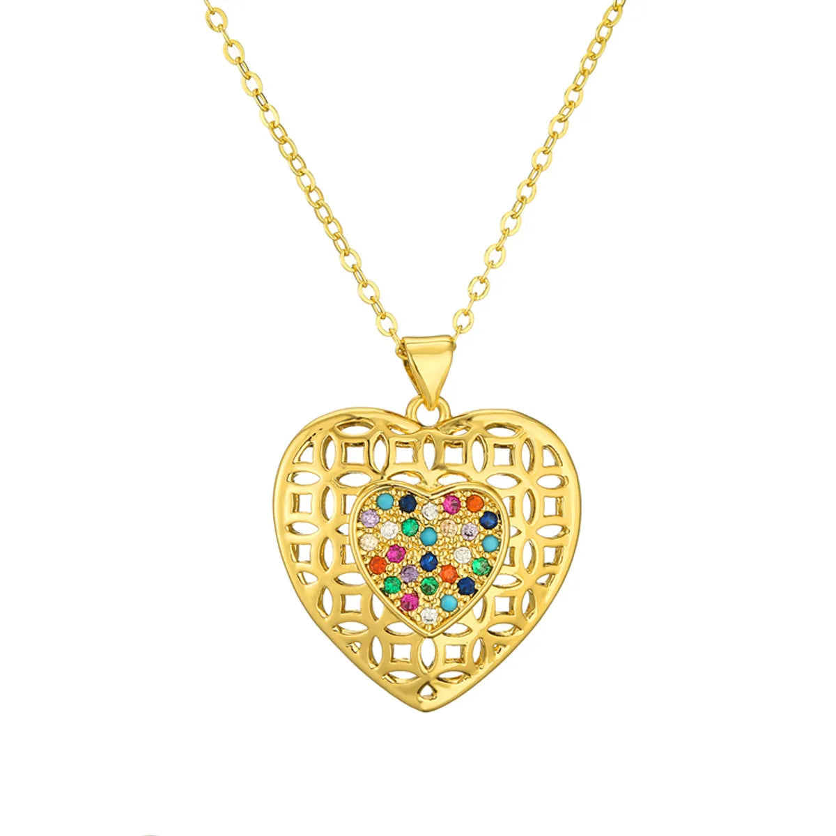 Simple Style Classic Style Water Droplets Heart Shape Copper Hollow Out Inlay Zircon Gold Plated Pendant Necklace