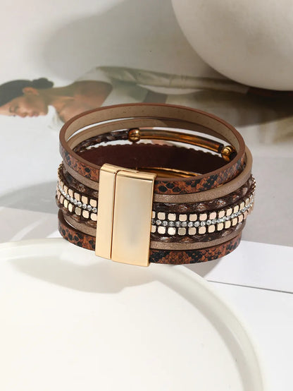 Simple Style Color Block Pu Leather Layered Plating Inlay Rhinestones Women'S Bangle