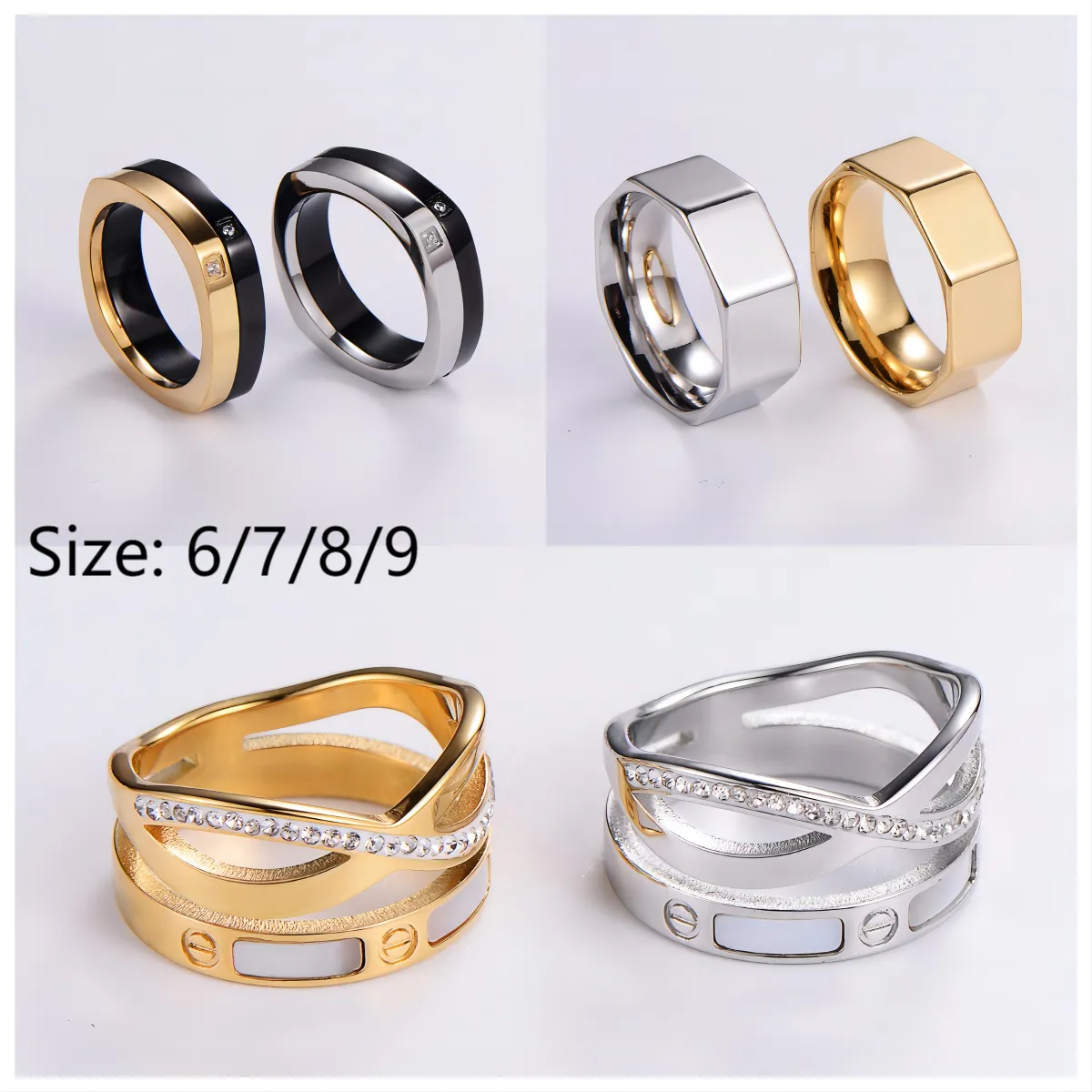 Simple Style Color Block Stainless Steel Plating Inlay Rhinestones 18k Gold Plated Rings