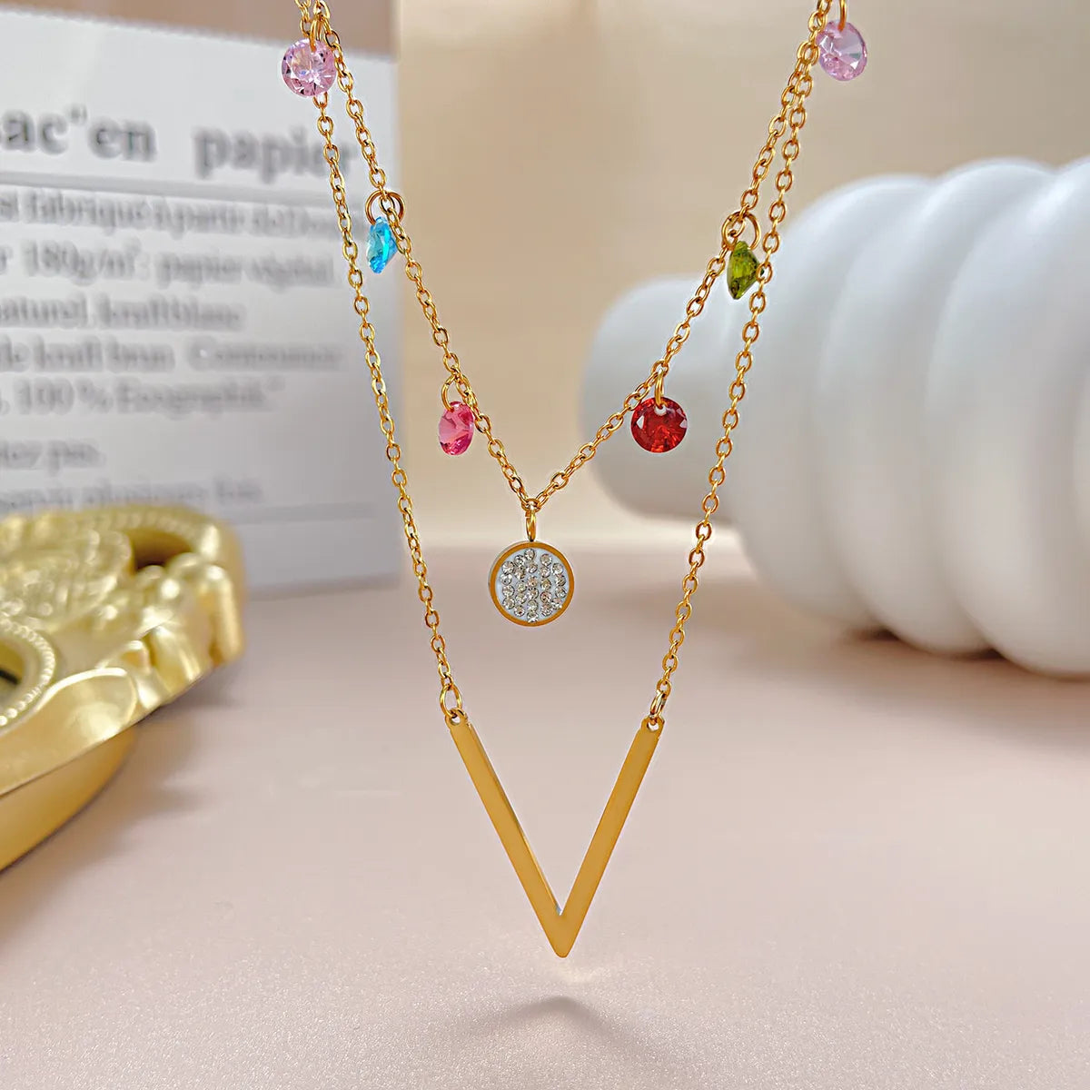 Simple Style Colorful Stainless Steel Double Layer Necklaces