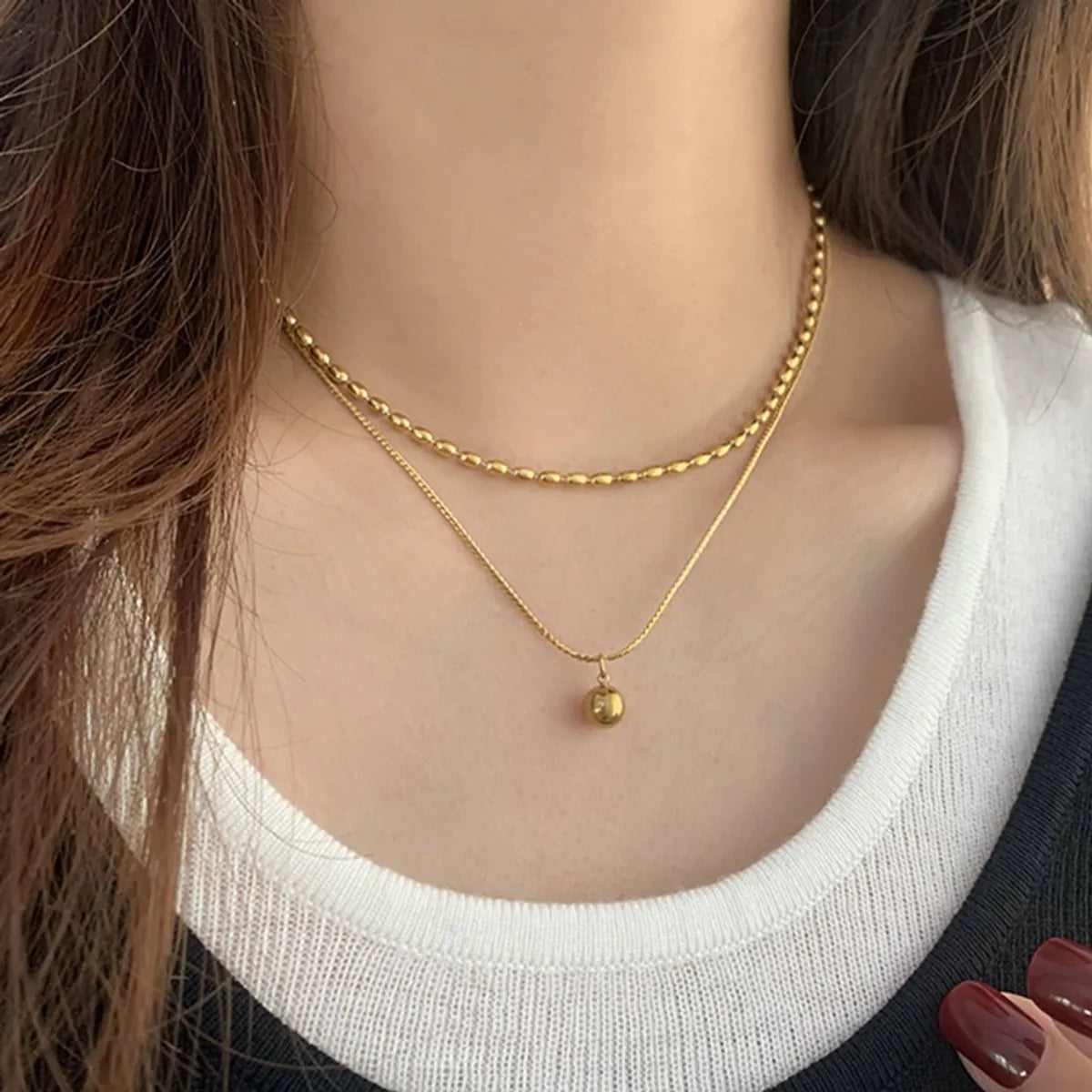 Simple Style Commute Ball Titanium Steel Polishing Plating Gold Plated Double Layer Necklaces