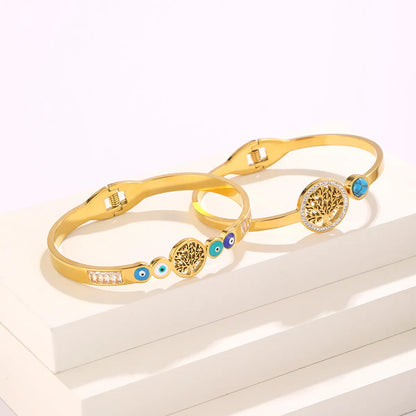 Simple Style Commute Bc1035 Lucky Tree Stainless Steel Inlay Artificial Gemstones Bangle