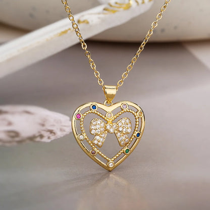 Simple Style Commute Bow Knot Copper 18k Gold Plated Zircon Pendant Necklace In Bulk