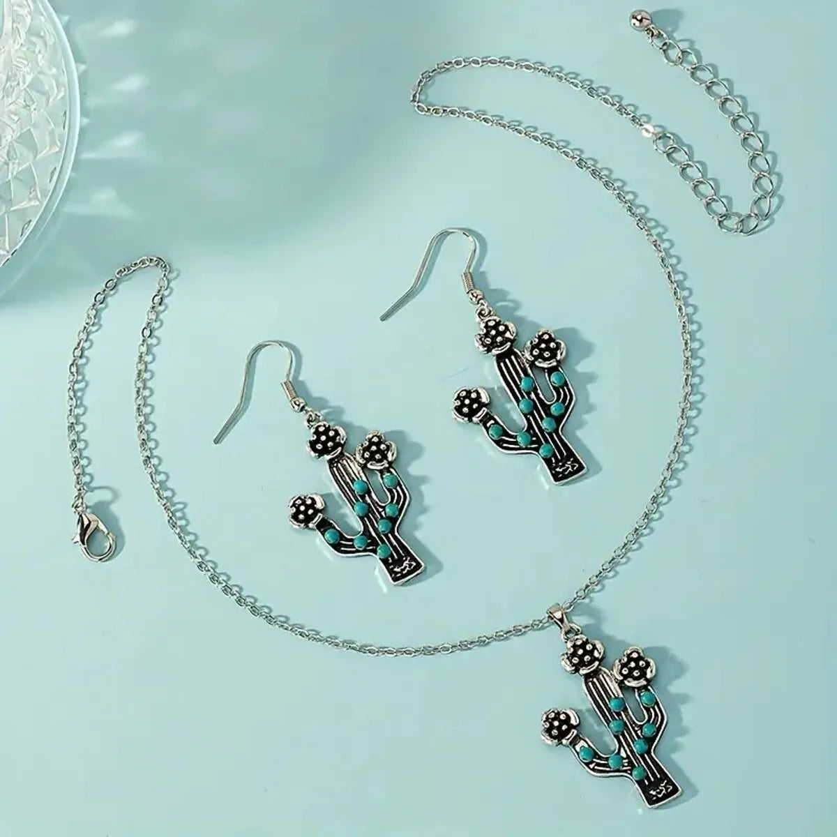 Simple Style Commute Cactus Alloy Inlay Turquoise Women's Jewelry Set