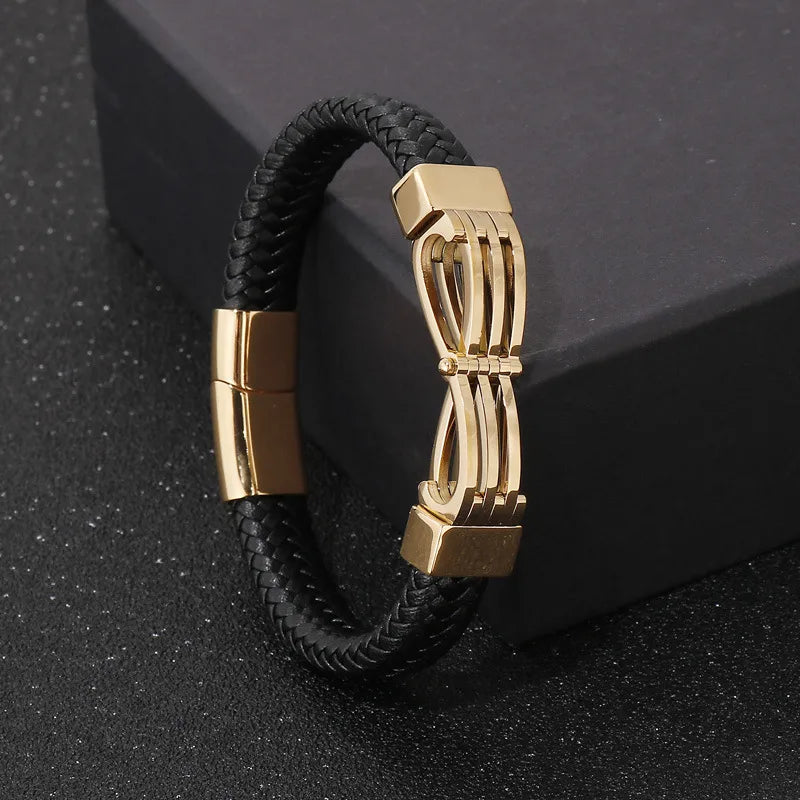 Simple Style Commute Color Block Pu Leather Titanium Steel Plating 18K Gold Plated Men'S Bangle