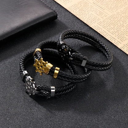 Simple Style Commute Color Block Pu Leather Titanium Steel Plating 18K Gold Plated Men'S Bracelets